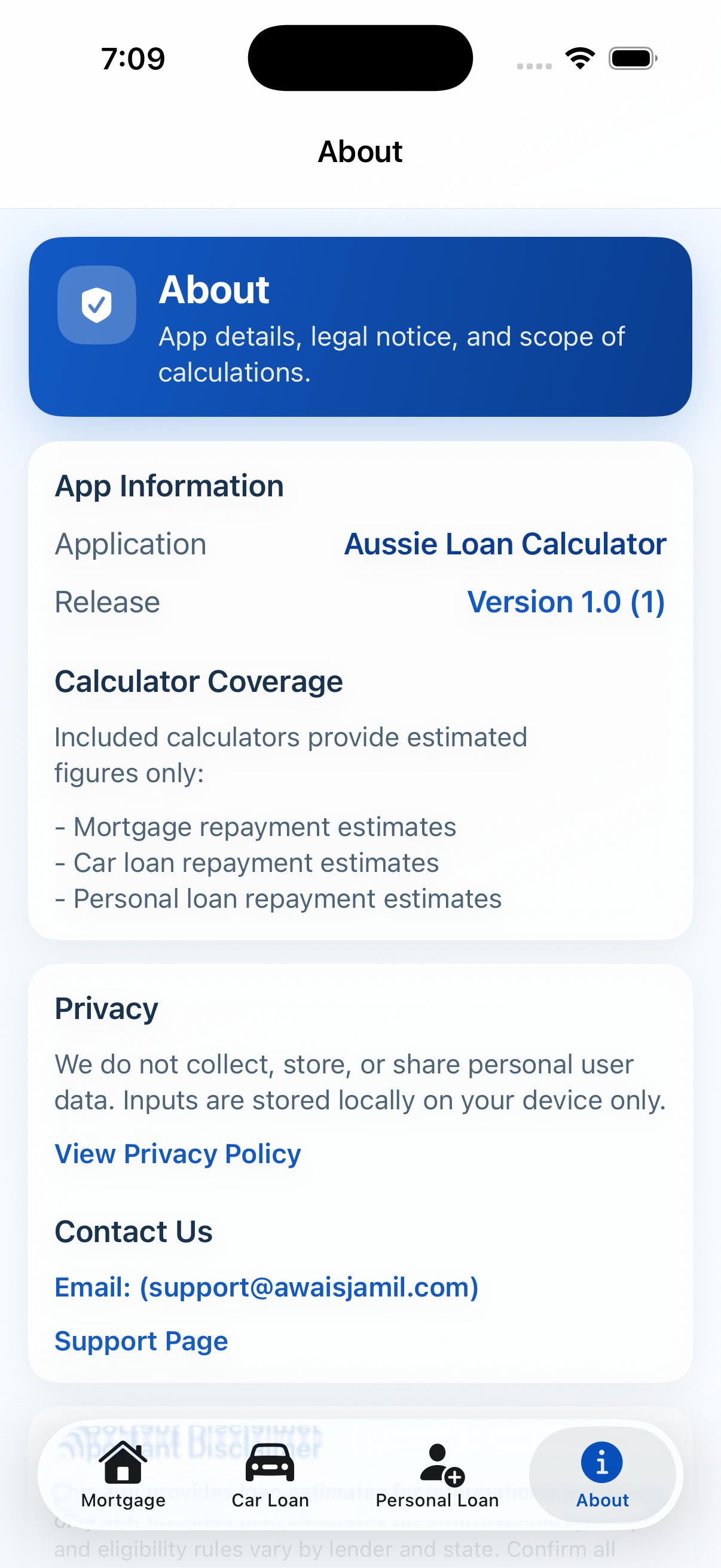 Additional calculator and legal information screen